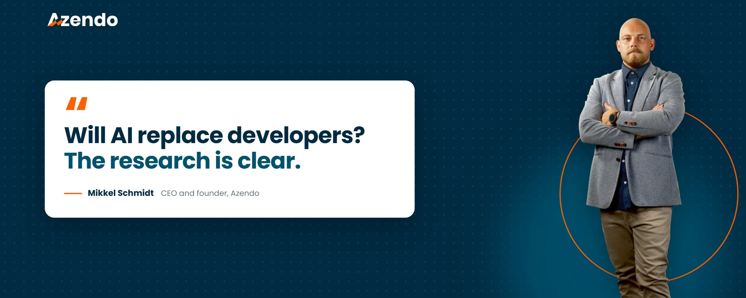 Illustration of Mikkel Schmidt beside his quote asking whether AI will replace developers