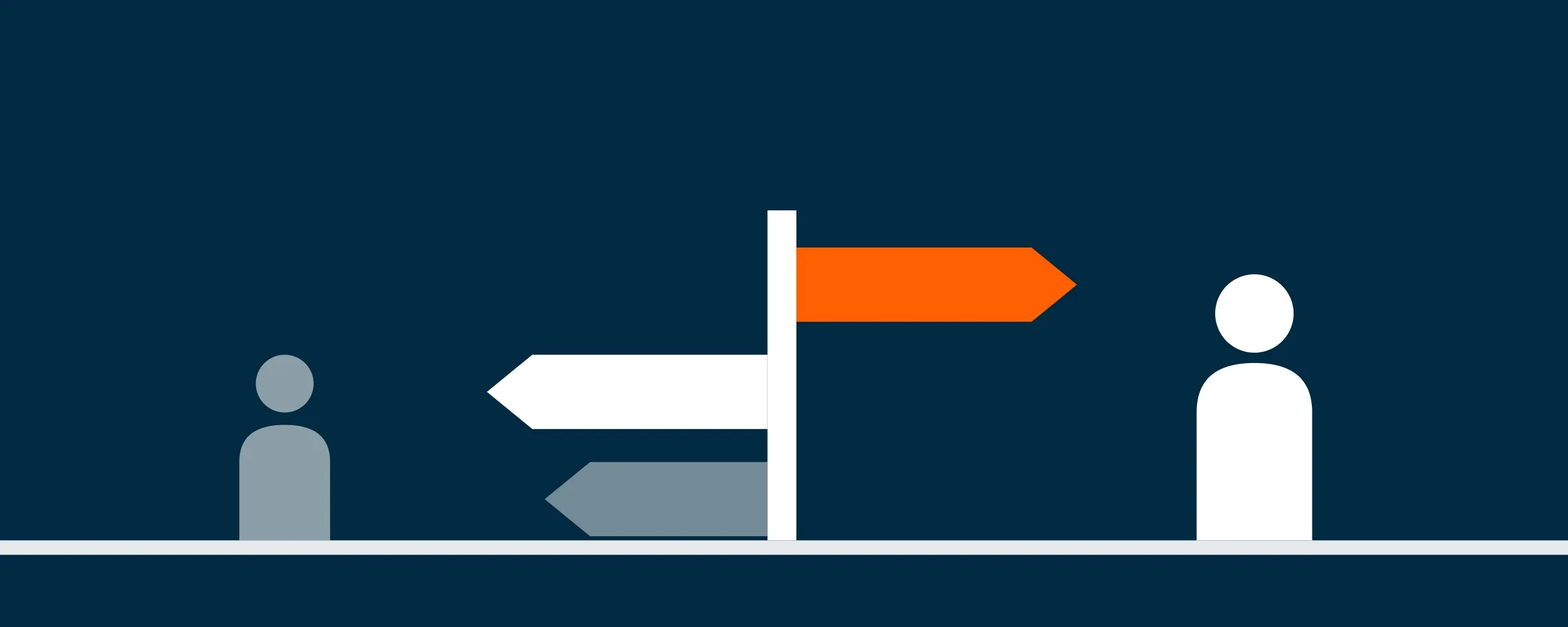 Illustration of outstaffing vs offshore staffing: two people at a signpost whose arrows point in opposite directions