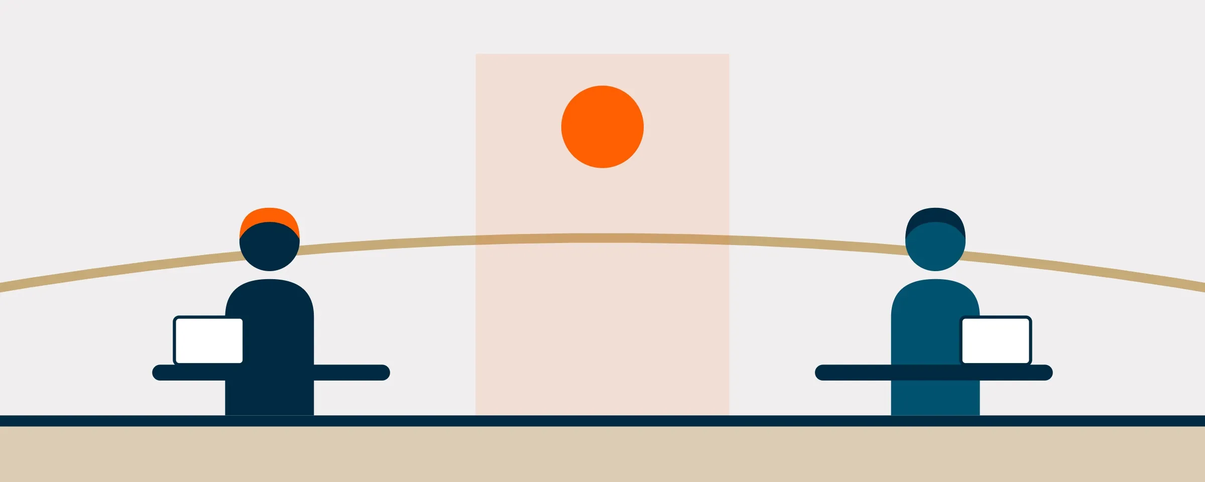 Illustration of two people working at laptops either side of an arc, a sun between them