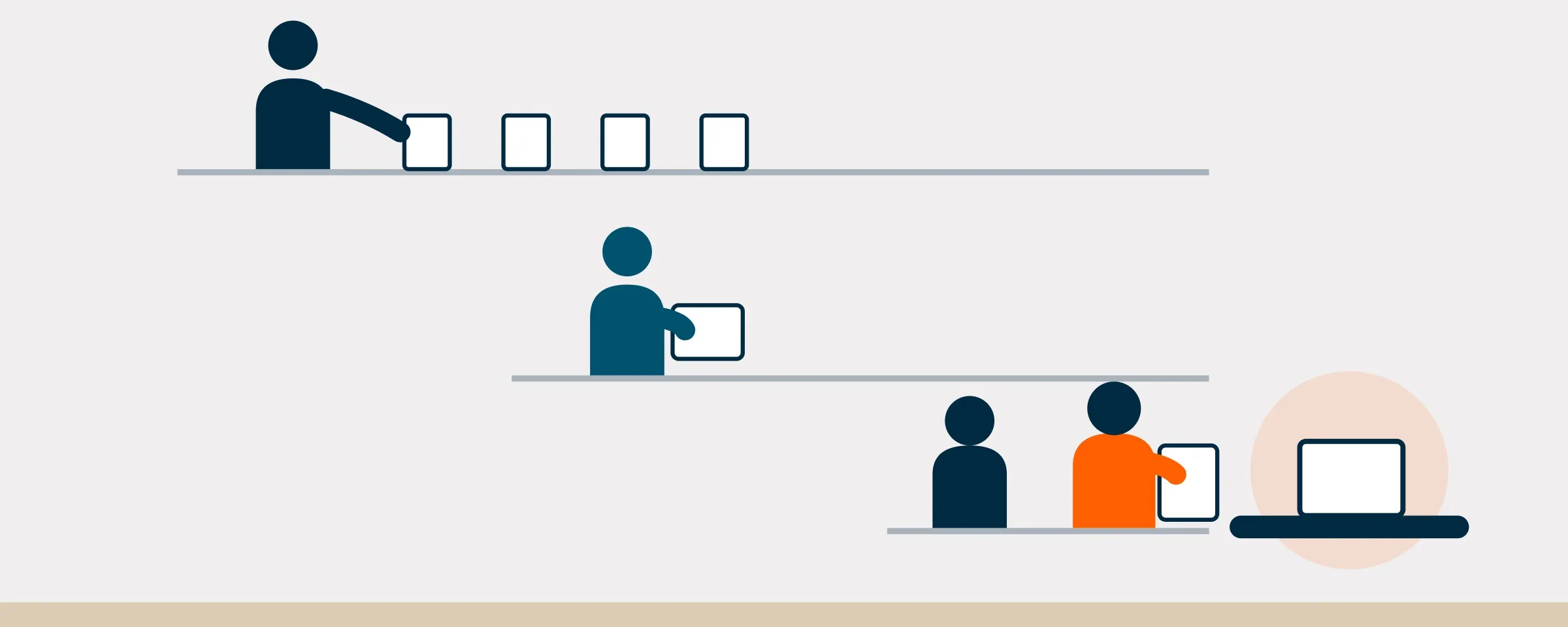 Illustration of a dedicated software development team passing work down a line of steps to a laptop