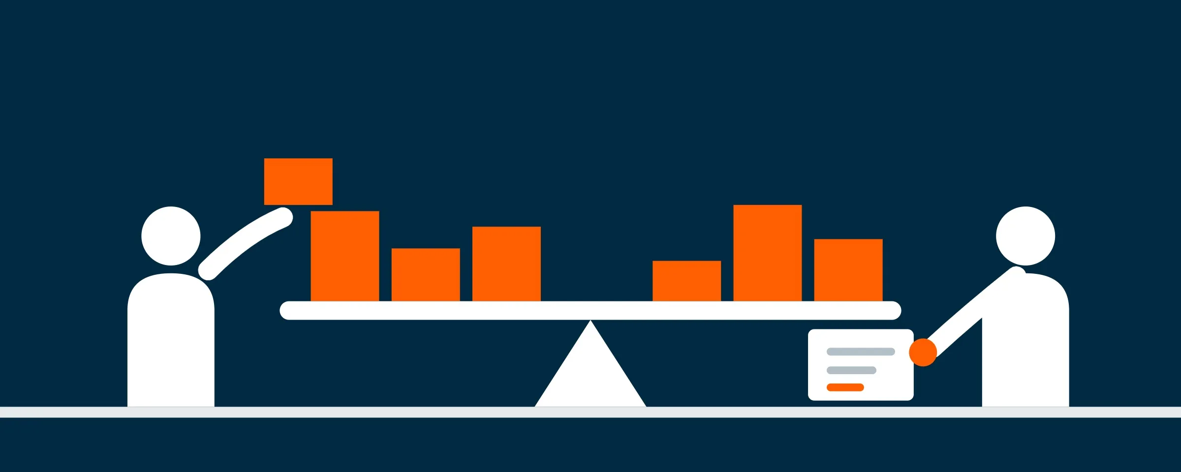Illustration of two people balancing orange blocks on a level beam