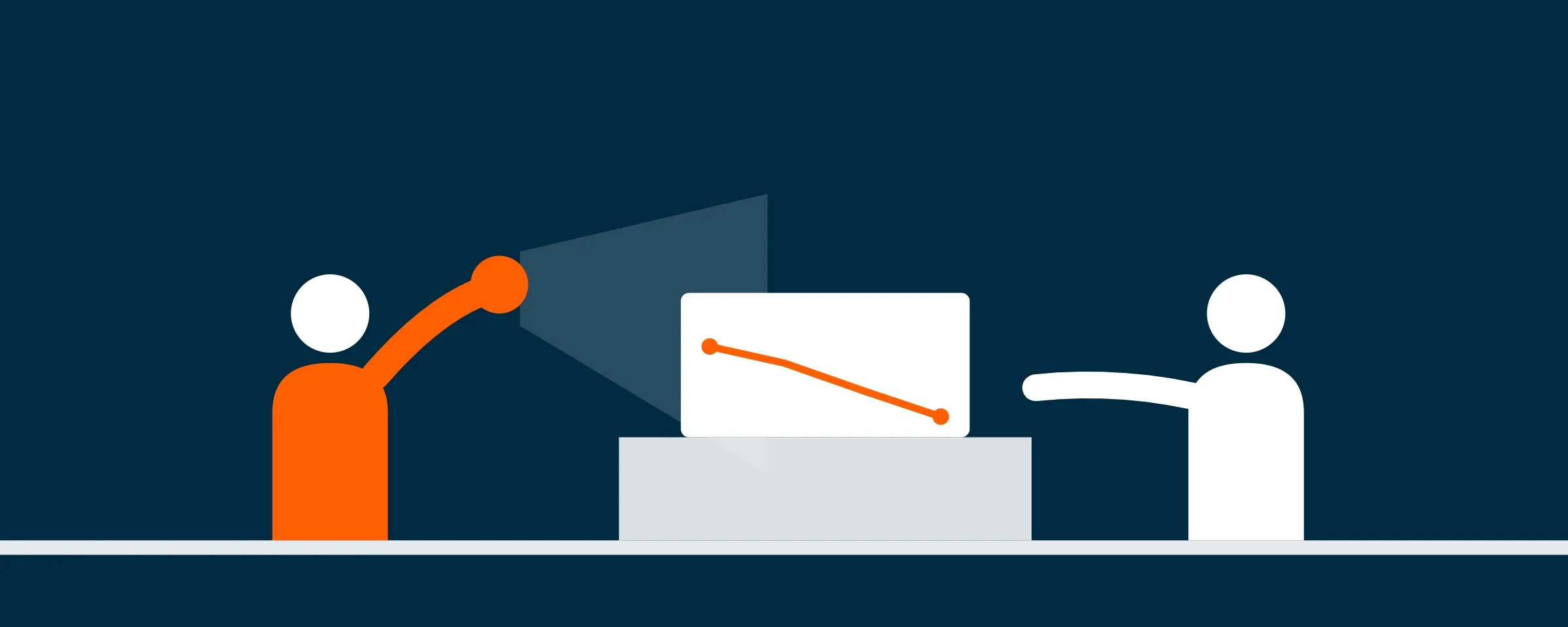 Illustration of a person projecting a line chart onto a screen as another reaches towards it