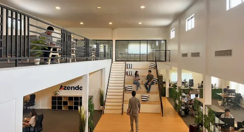 Our offshore development team on the stairs and at the desks in the Chiang Mai office hall