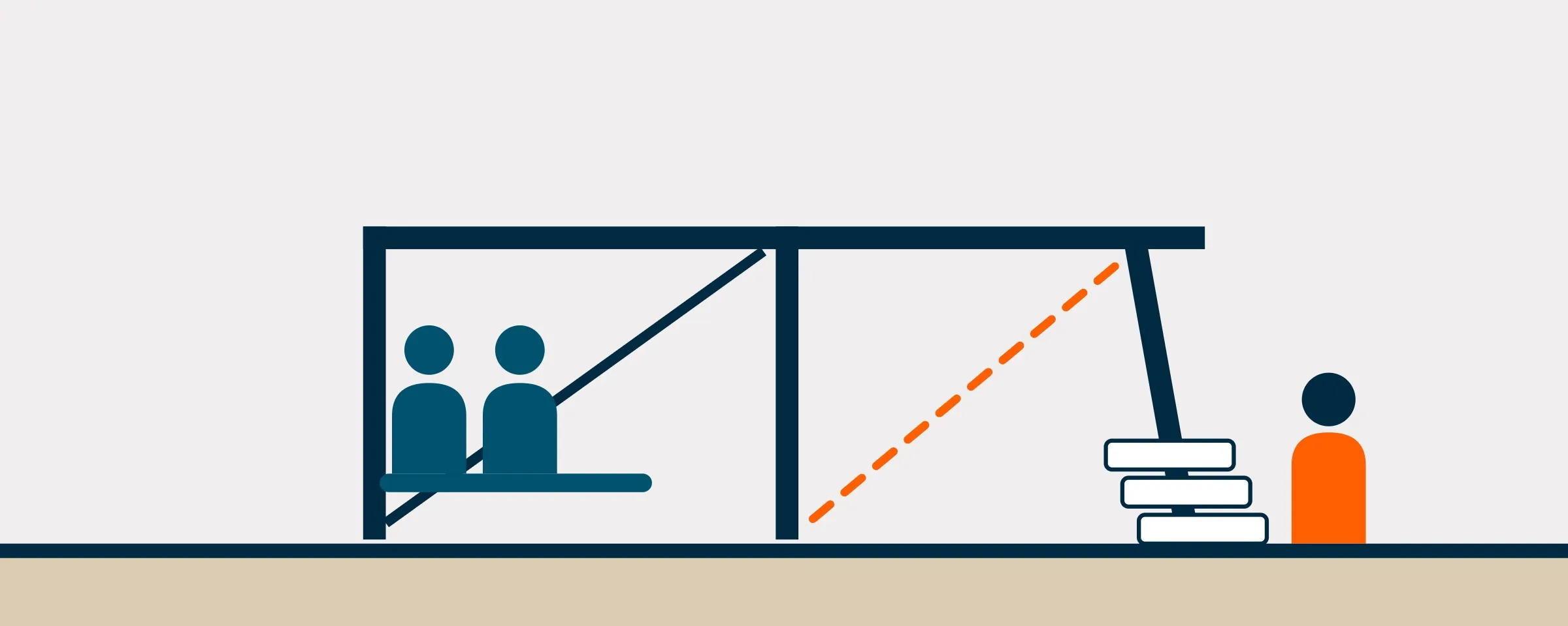 Illustration of a team under a frame, a broken dashed line running to a separated figure