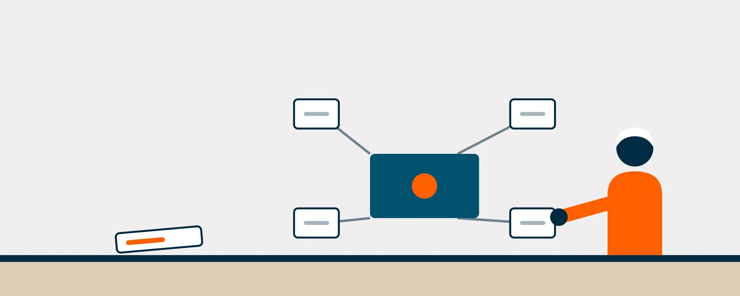 Illustration of a person at a central screen linked out to several small nodes