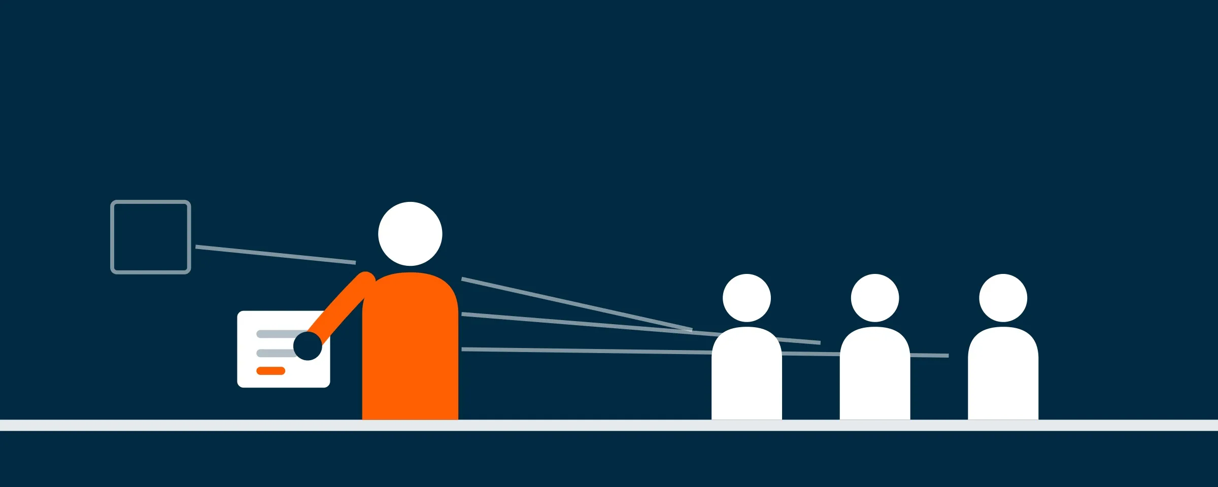 Illustration of one person holding a card, linked by lines to a group of three figures
