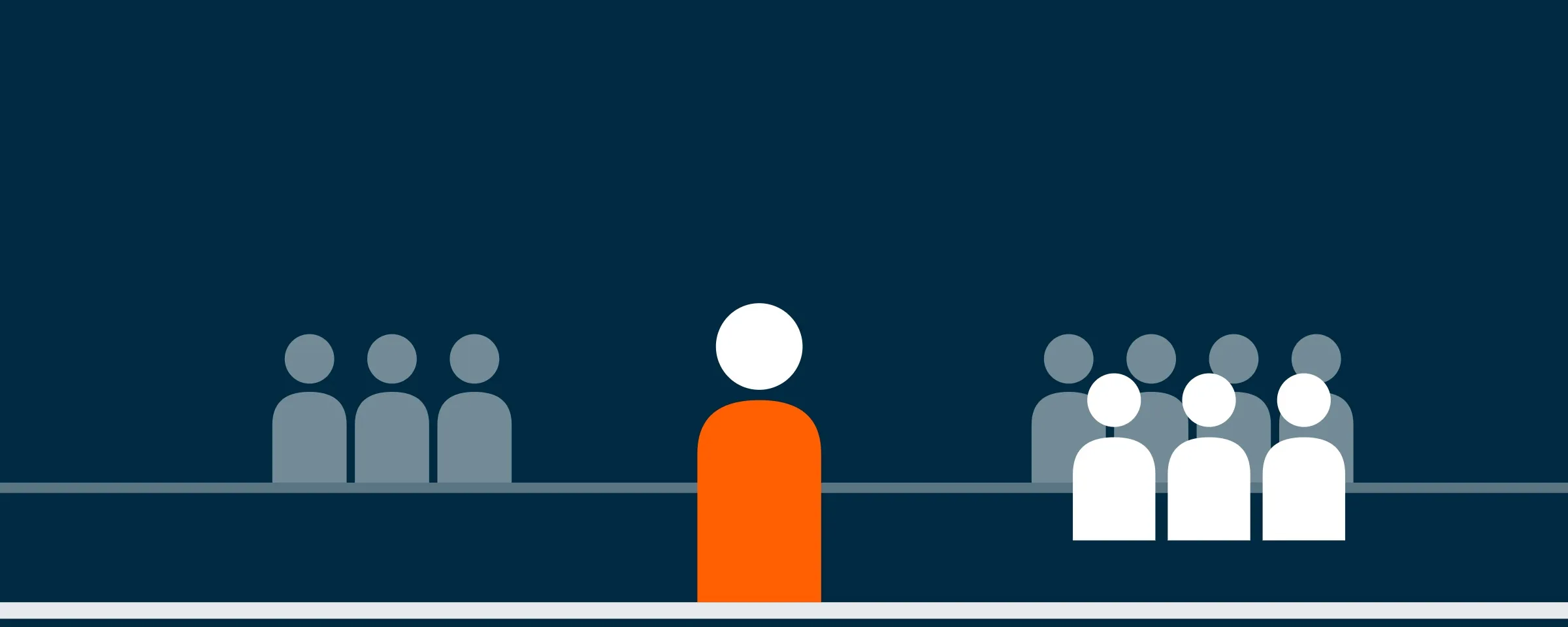 Illustration of an orange figure standing between a small grey group and a larger white group
