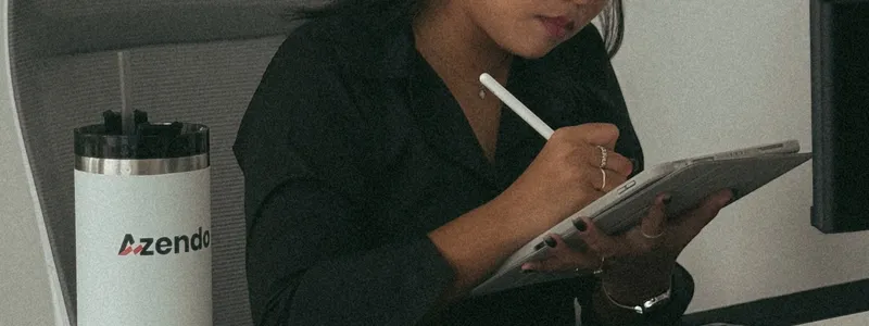 A designer wearing headphones sketching on a tablet at her desk