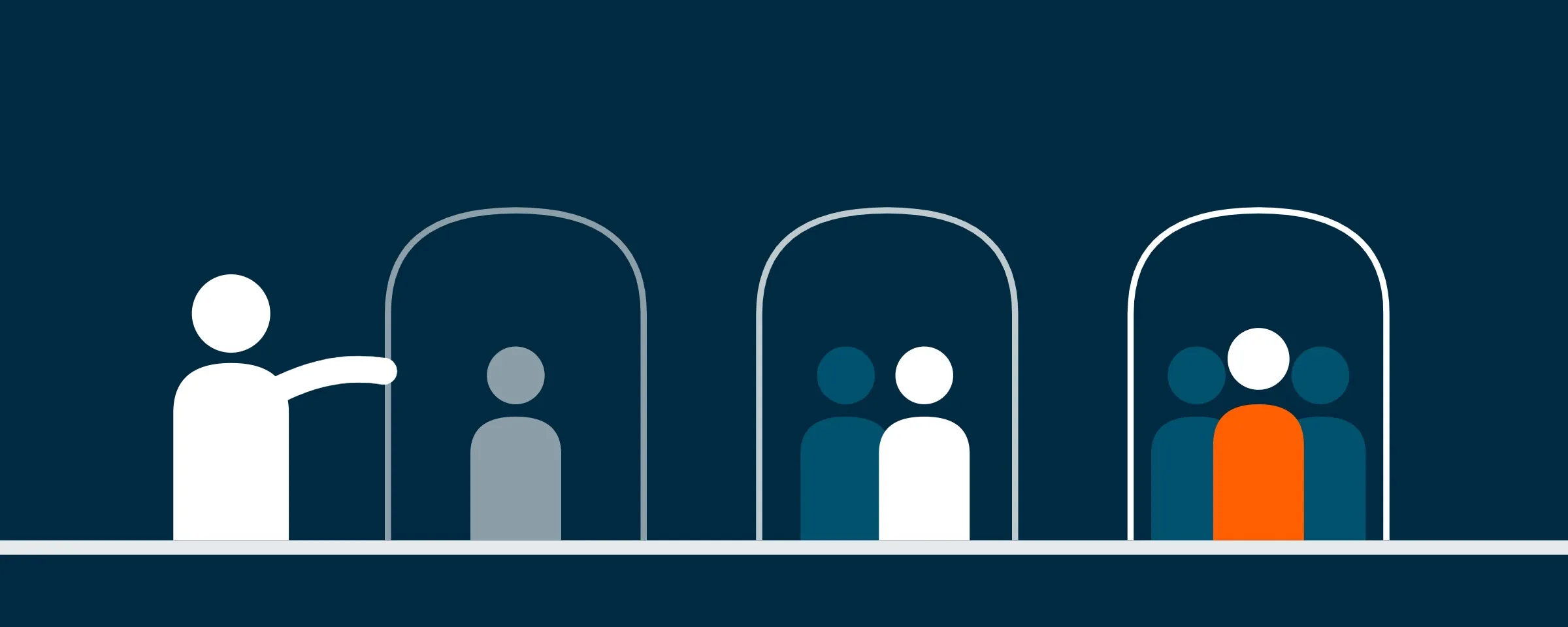 Illustration of people standing in a row of arched doorways, one figure leading