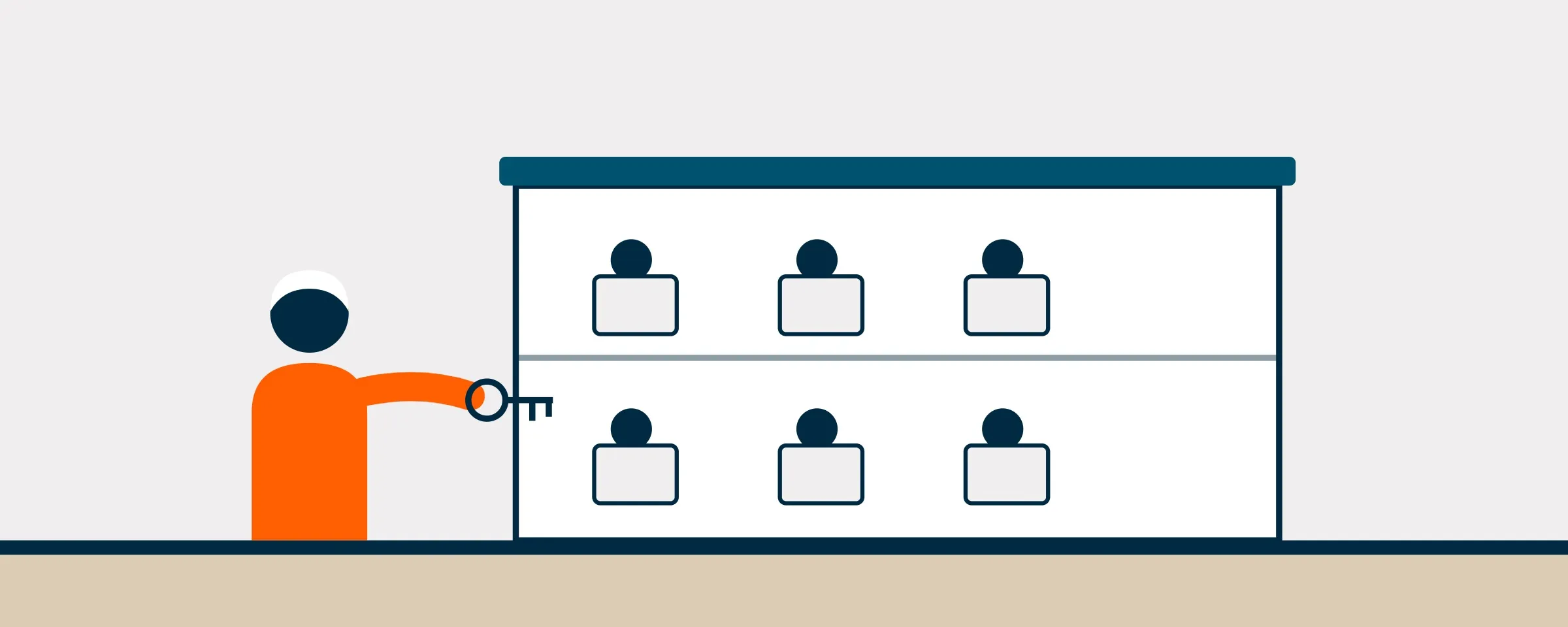 Illustration of a person unlocking a two-floor building of desks with a key